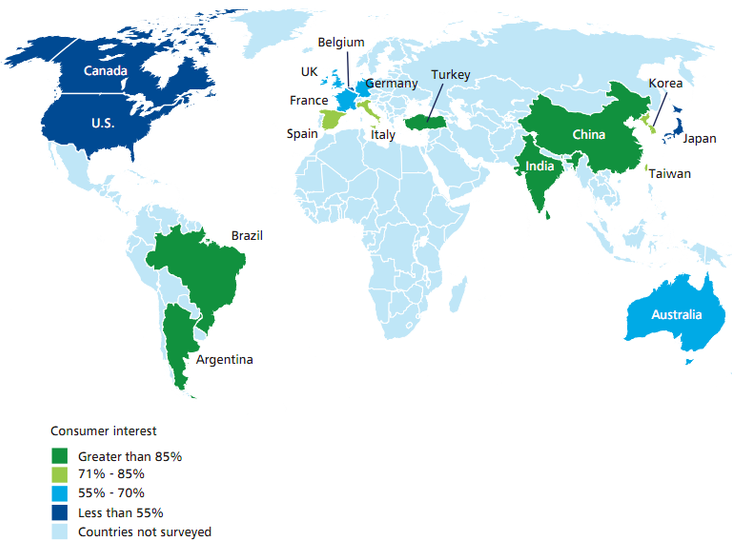 Mapa del interés sobre los coches eléctricos