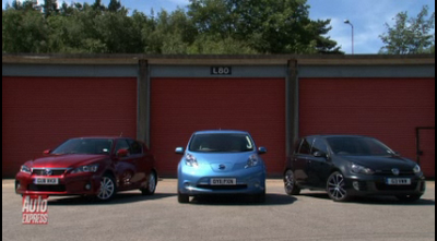 Nissan Leaf vs VW Golf GTD vs Lexus CT200h