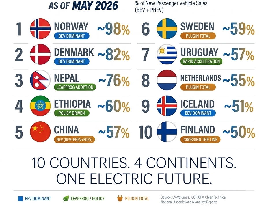 Diez países ya superan el 50% de cuota de coches eléctricos