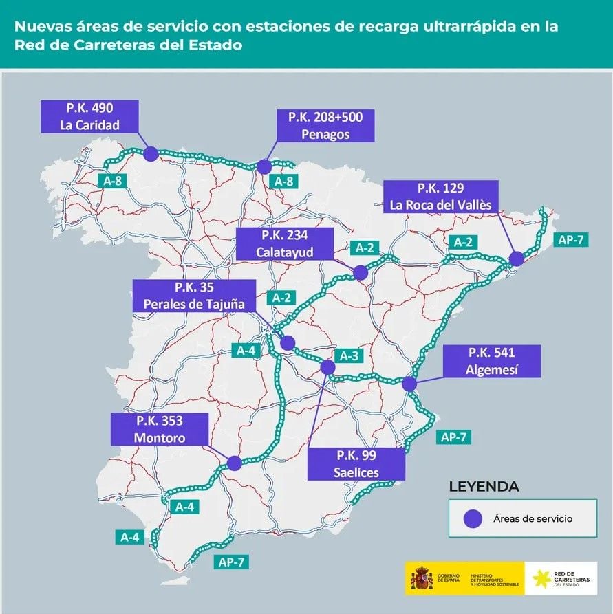 El Gobierno destina 612 millones de euros a ocho nuevas áreas de servicio con recarga ultrarrápida