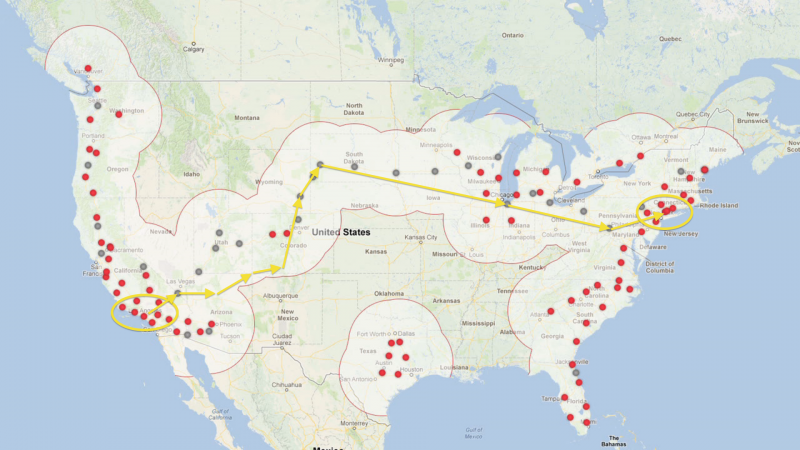 tesla superchargers route