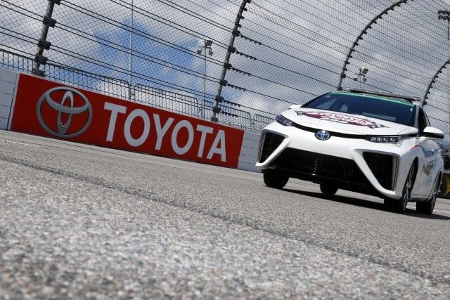 24-25 April, 2015, Richmond,Virginia USAThe 2016 Toyota Mirai hydrogen fuel cell vehicle was tested by Buster Auton, director of transportation for NASCAR, at Richmond International Raceway on Thursday, April 23. NASCAR approved the Mirai to pace Saturday night’s Toyota Owners 400 NASCAR Sprint Cup Series race after a 15-minute test session. Former NASCAR driver Brett Bodine, who serves as the Sprint Cup Series pace car driver, will pilot the Mirai during the NASCAR Sprint Cup Series race in Virginia.©2015, Lesley Ann MillerCourtesy of Toyota Racing