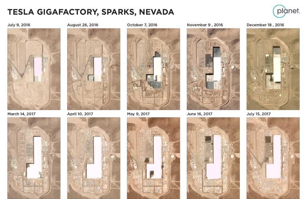 Vídeo de la evolución de la Gigafábrica de baterías de Tesla desde el espacio. Unos 1.500 packs para el Model 3 ensamblados hasta principios de julio