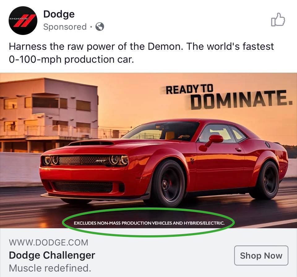 Dodge anuncia su Challenger Demon como el coche más rápido del mundo... excluyendo a híbridos y eléctricos en la letra pequeña