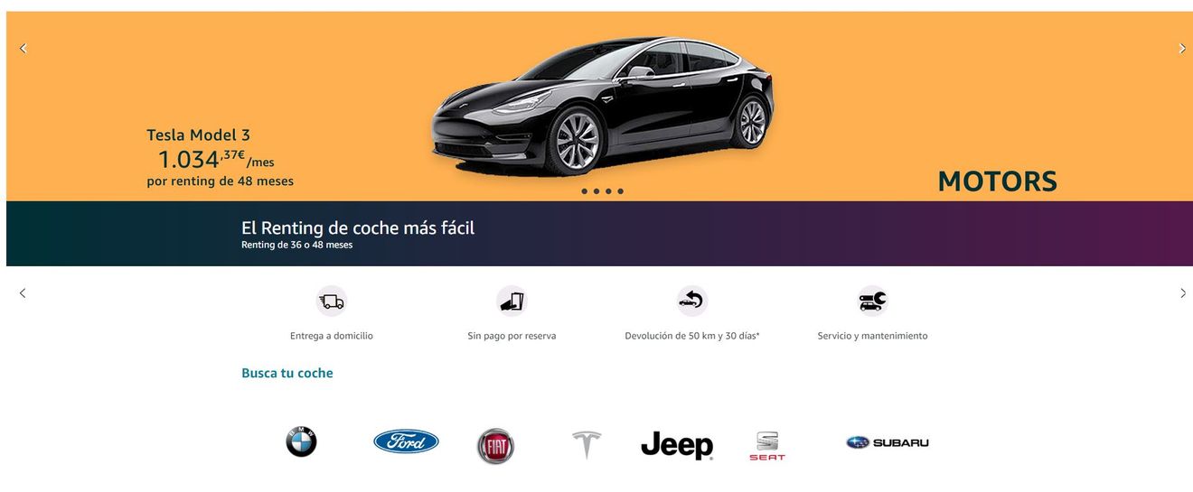 Amazon comienza a ofrecer coches para renting a través de su servicio Amazon Motors, incluidos coches eléctricos de Tesla