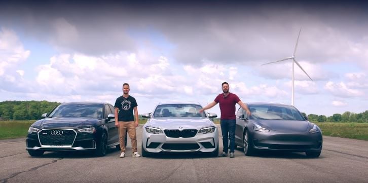 El Tesla Model 3 se enfrenta a los BMW M2 Competition y Audi RS3 en circuito