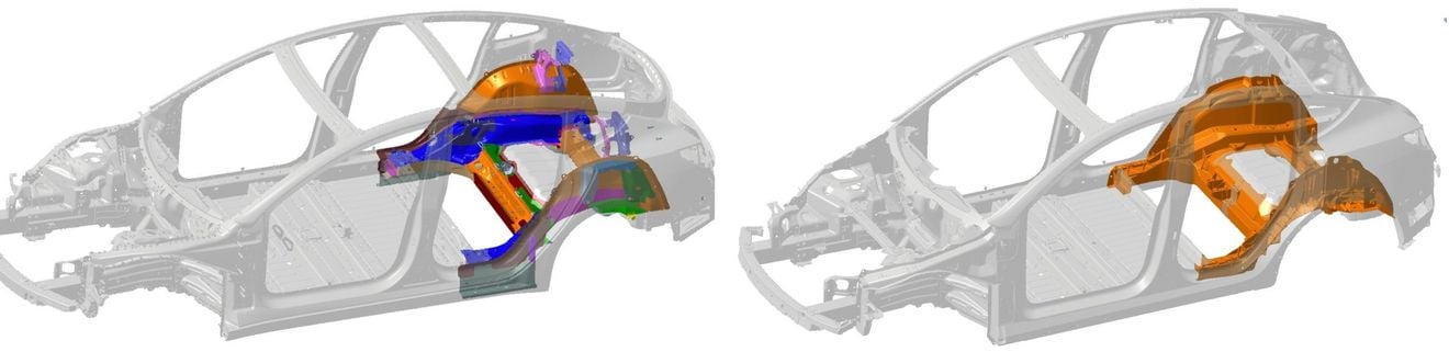 Tesla compara por primera vez la estructura trasera de los Model 3 (70 piezas) y Model Y (2 piezas)