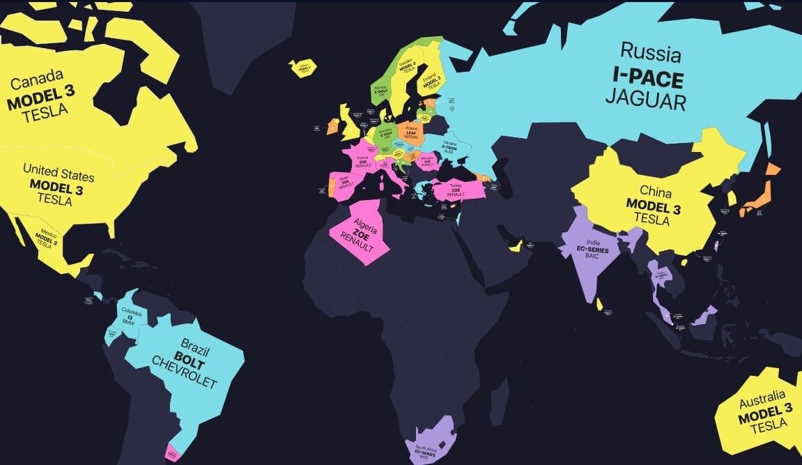 Este mapa interactivo nos muestra qué coches eléctricos son los más vendidos en cada mercado