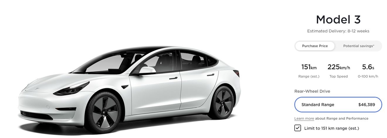 Tesla ofrece una versión del Model 3 con solo 151 kilómetros de autonomía en su configurador canadiense. ¿Por qué?