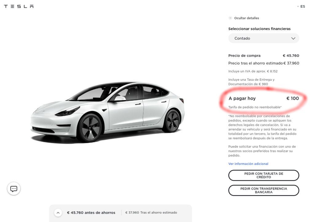 Tesla aumenta a 250 dólares su tasa de pedido no reembolsable en EEUU y Canadá, pero en Europa todavía se mantiene a 100 euros