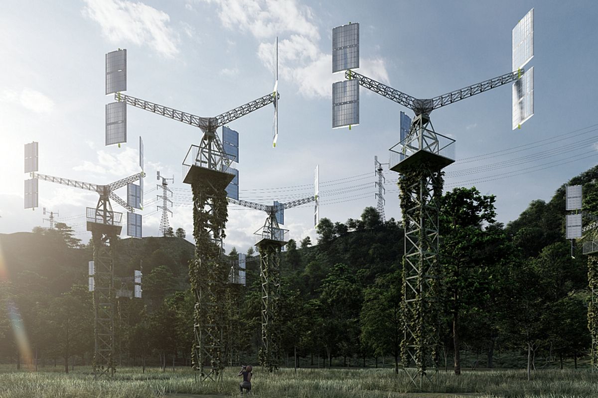 Soleolico es una torre que produce y almacena energía solar y eólica, al tiempo que absorbe CO2 de la atmósfera