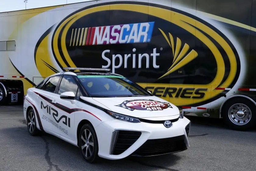 24-25 April, 2015, Richmond,Virginia USAThe 2016 Toyota Mirai hydrogen fuel cell vehicle was tested by Buster Auton, director of transportation for NASCAR, at Richmond International Raceway on Thursday, April 23. NASCAR approved the Mirai to pace Saturday night’s Toyota Owners 400 NASCAR Sprint Cup Series race after a 15-minute test session. Former NASCAR driver Brett Bodine, who serves as the Sprint Cup Series pace car driver, will pilot the Mirai during the NASCAR Sprint Cup Series race in Virginia.©2015, Lesley Ann MillerCourtesy of Toyota Racing